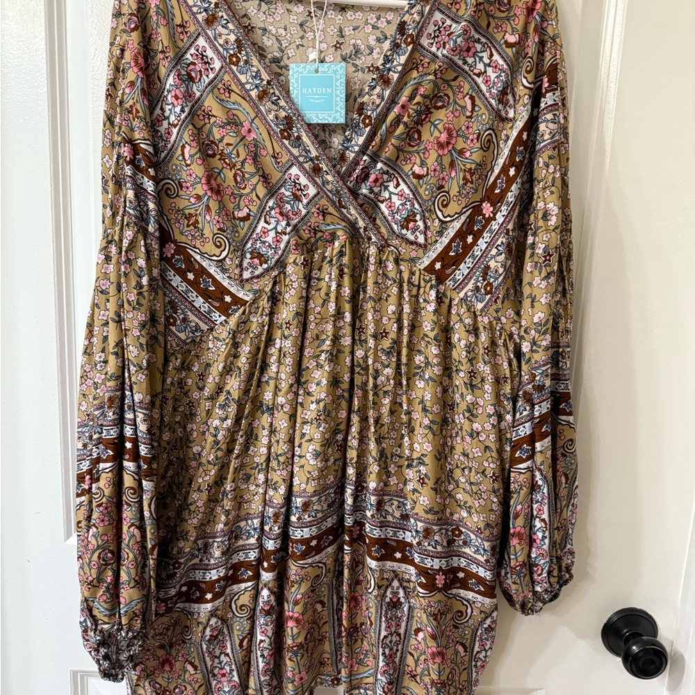 Hayden Brown and Tan Wrap Blouse with 3/4 Sleeves